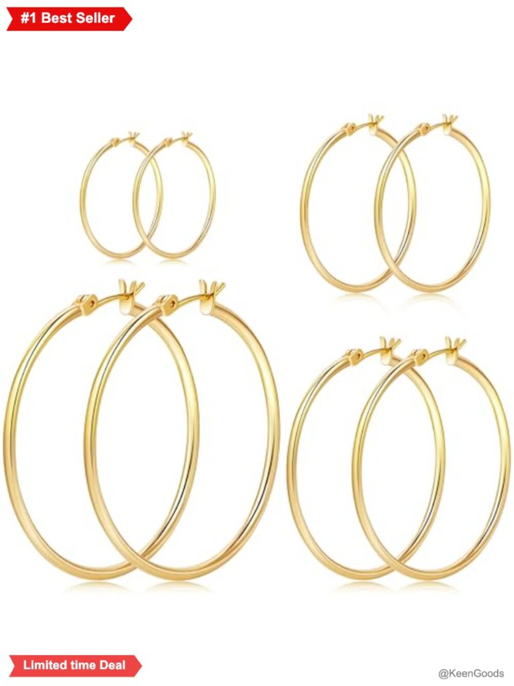 14k Gold Plated Hoop Earrings Set with Sterling Silver Post Hypoallergenic Thin